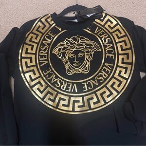 New! Versace Black and Gold Medusa Ruffle Trim Dress- XS